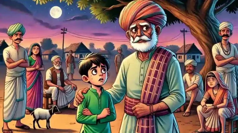 An evening scene in a rural Indian village square where villagers are gathered under a large tree. Bansi Kaka, an elderly man in traditional attire, stands with his son Shyam, holding his hand. Both have nervous and tense expressions. In the background, the stern village head (Sarpanch) sits with other leaders, all looking serious. Simple village houses and grazing goats are visible, giving a sense of rural life.