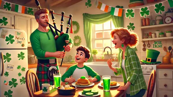 The family’s joyful St. Patrick’s Day breakfast, with Dad playing bagpipes and green-themed food served.