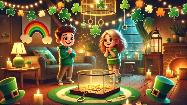 Tim and Maureen decorating the room with green shamrocks, rainbows, and leprechaun traps.