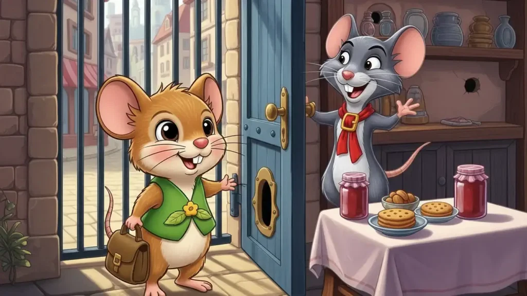 A cheerful mouse wearing a green vest and carrying a bag greets another happy mouse in a red tie, who is welcoming them inside. A table with jam and cookies is nearby, and a cobblestone street is visible outside.