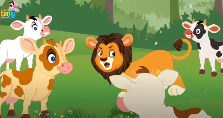 A cartoon lion stands among four cartoon calves in a green, grassy area with trees in the background. The lion looks surprised while the cheerful calves look curious, as if they’re part of a delightful short story.