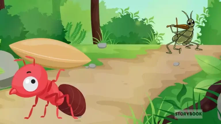 A red ant carries a large leaf on a forest path while a grasshopper playing a fiddle watches from behind. Green trees and bushes fill the background, setting the scene for a charming short story.