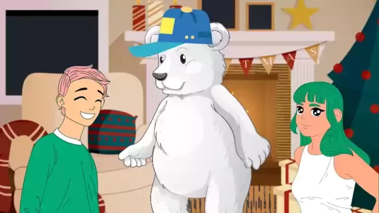 Two smiling animated people, one with pink hair and one with green hair, stand beside a white bear in a blue cap. It’s a festive living room scene, perfect for a heartwarming short story by the fireplace and Christmas tree.
