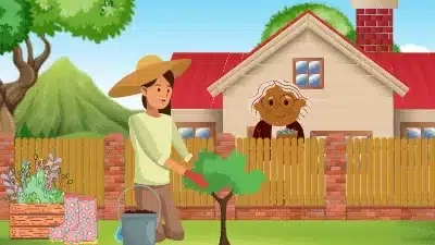 A person in a sunhat waters a small tree in the yard, while an older person with white hair smiles from behind a wooden fence, watching their quiet moment unfold—a scene fit for a heartwarming short story. Flowers and a watering can rest nearby.