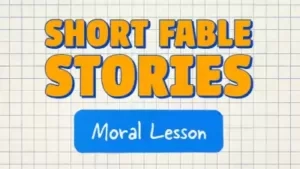 Text reads Short Fable Stories and Short Story in large yellow letters, with Moral Lesson in a blue box, all set against a background featuring a faint grid pattern.