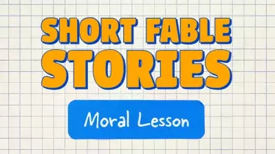 Text reads Short Fable Stories and Short Story in large yellow letters, with Moral Lesson in a blue box, all set against a background featuring a faint grid pattern.