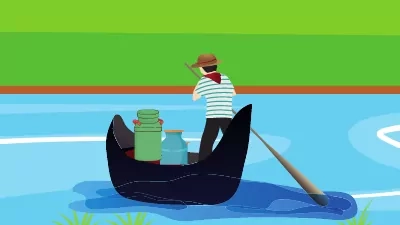 Illustration for a short story: A person in a hat and striped shirt paddles a small black boat on a river, milk cans and containers inside, with green grass lining the riverbank.