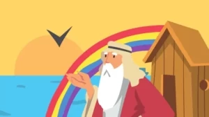 Illustration for a short story: a bearded man in a robe and headband stands by a wooden ark, with a rainbow in the background, the sun setting over the sea, while a bird soars in the sky.