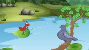 A cartoon ant floats on a green leaf in a pond while a gray bird sits on a tree branch nearby, setting the scene for a charming short story among the grass, rocks, and trees in the background.