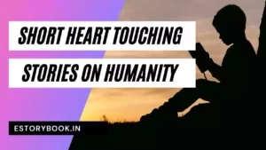 A child sits outdoors reading a short story at sunset. Text on image: Short Heart Touching Stories on Humanity. Website estorybook.in is displayed at the bottom left.